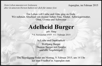 Traueranzeige von Adelheid Burger von Waiblinger Kreiszeitung