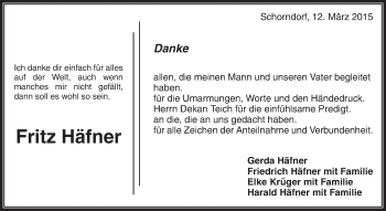 Traueranzeige von Fritz Häfner von Waiblinger Kreiszeitung