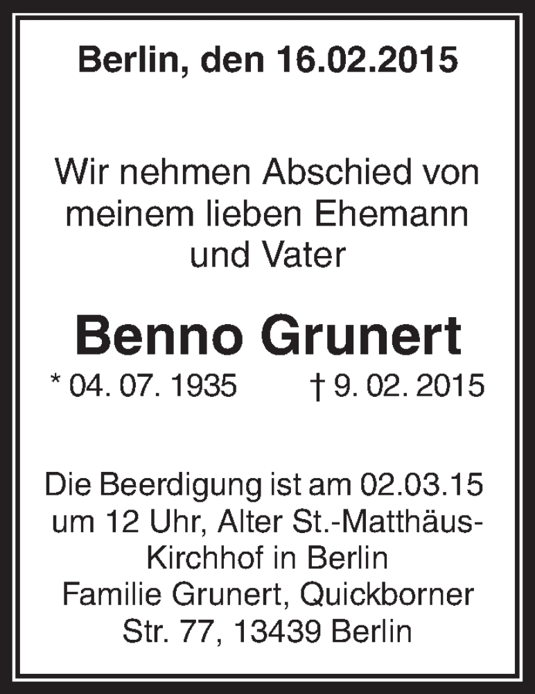  Traueranzeige für Benno Grunert vom 21.02.2015 aus Waiblinger Kreiszeitung