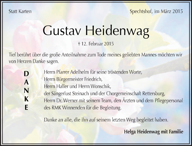  Traueranzeige für Gustav Heidenwag vom 16.03.2015 aus Waiblinger Kreiszeitung