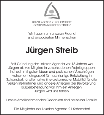 Traueranzeige von Jürgen Streib von Waiblinger Kreiszeitung