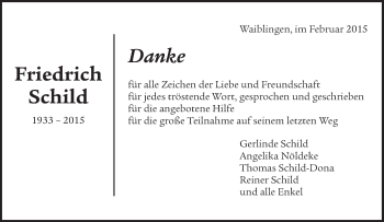 Traueranzeige von Friedrich Schild von Waiblinger Kreiszeitung