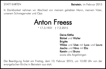 Traueranzeige von Anton Freess von Waiblinger Kreiszeitung