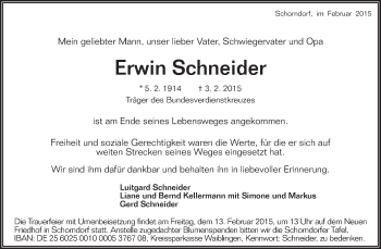 Traueranzeige von Erwin Schneider von Waiblinger Kreiszeitung