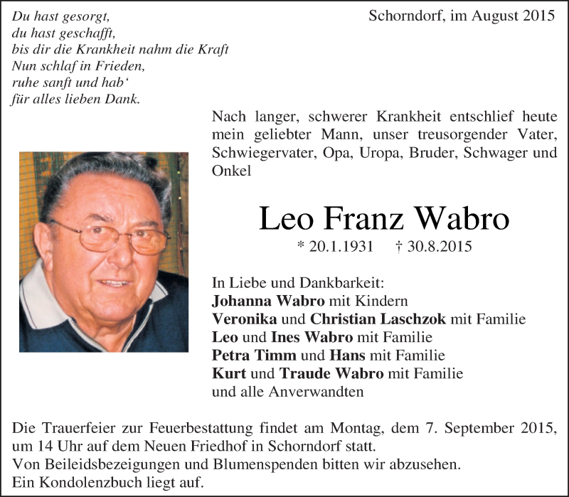  Traueranzeige für Leo Franz Wabro vom 03.09.2015 aus Waiblinger Kreiszeitung