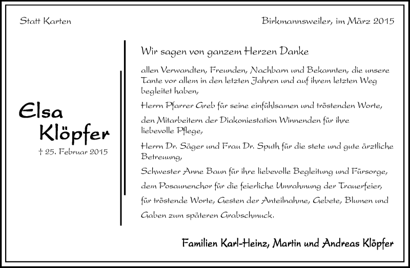  Traueranzeige für Elsa Klöpfer vom 30.03.2015 aus Waiblinger Kreiszeitung
