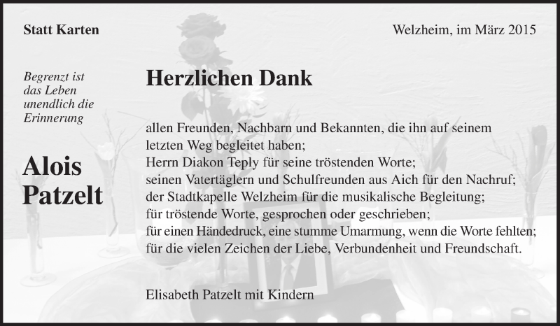  Traueranzeige für Alois Patzelt vom 17.03.2015 aus Waiblinger Kreiszeitung
