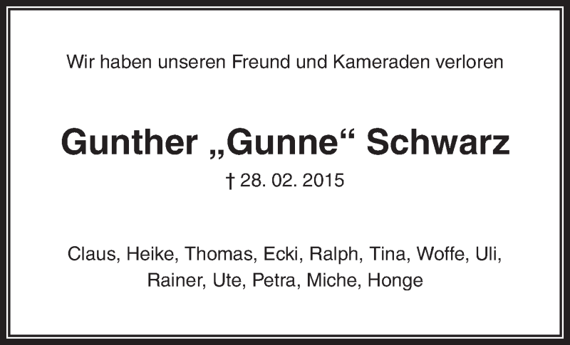  Traueranzeige für Gunther Schwarz vom 19.03.2015 aus Waiblinger Kreiszeitung
