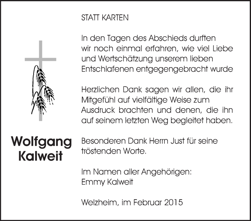  Traueranzeige für Wolfgang Kalweit vom 21.02.2015 aus Waiblinger Kreiszeitung