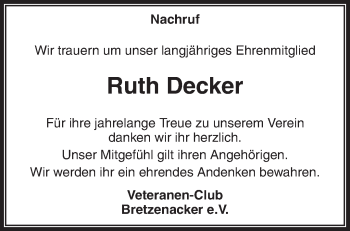 Traueranzeige von Ruth Decker von Waiblinger Kreiszeitung