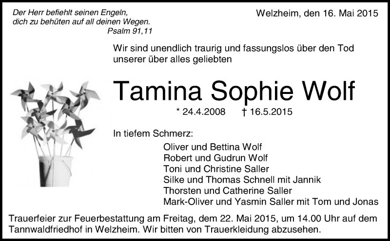  Traueranzeige für Tamina Sophie Wolf vom 19.05.2015 aus Waiblinger Kreiszeitung