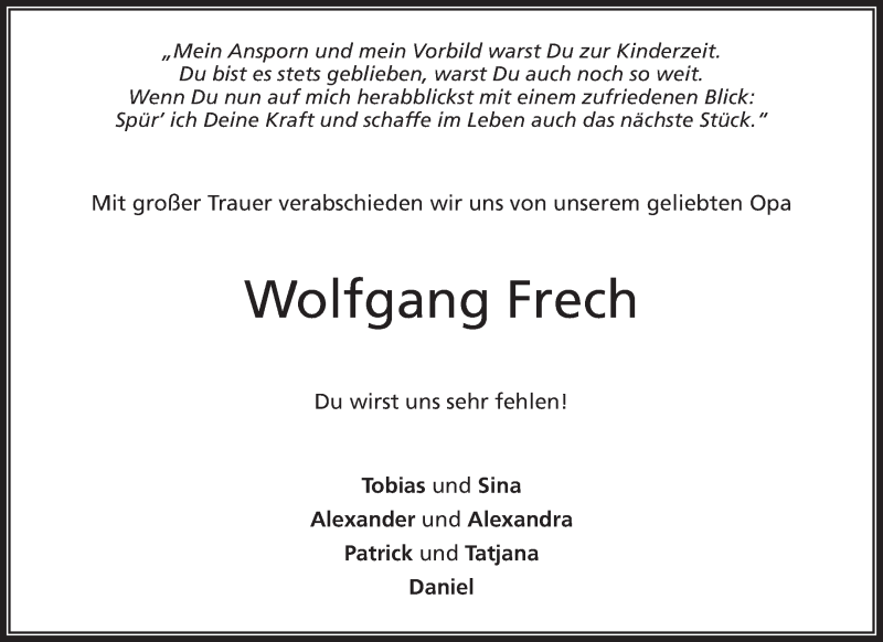  Traueranzeige für Wolfgang Frech vom 31.10.2014 aus Waiblinger Kreiszeitung
