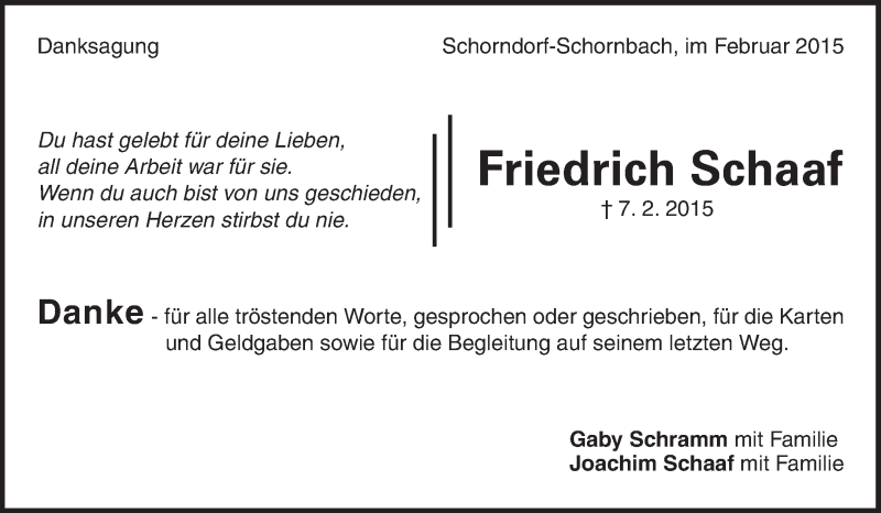  Traueranzeige für Friedrich Schaaf vom 27.02.2015 aus Waiblinger Kreiszeitung