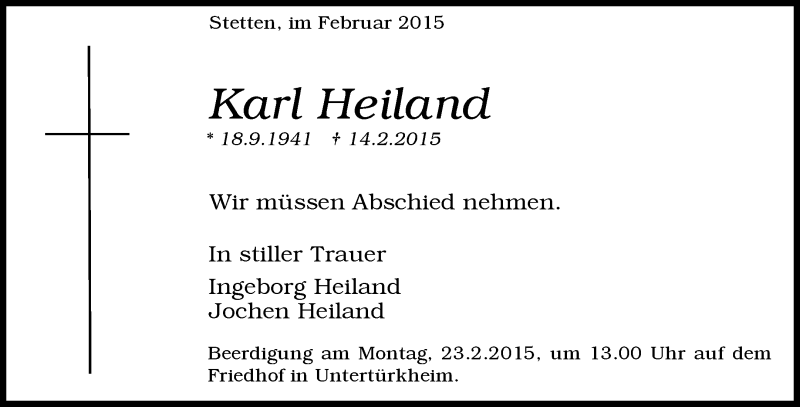  Traueranzeige für Karl Heiland vom 18.02.2015 aus Waiblinger Kreiszeitung