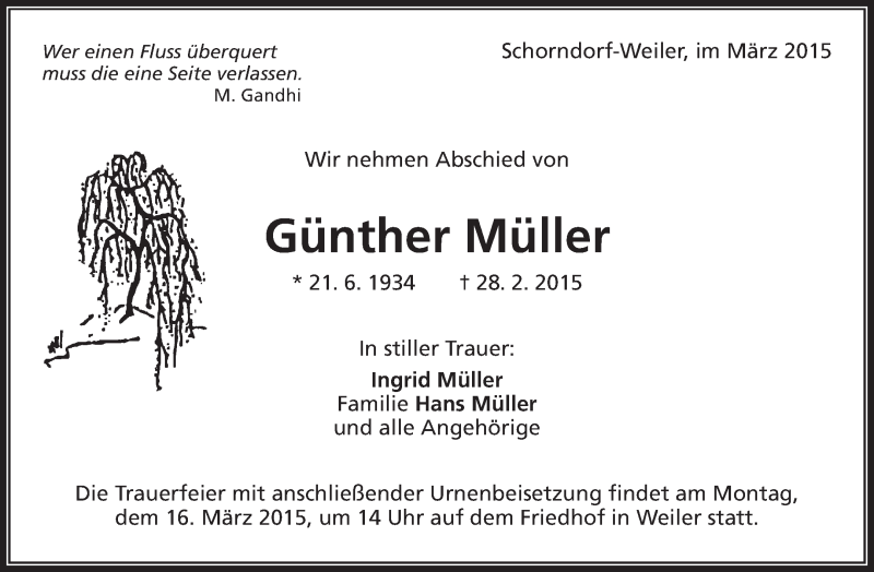  Traueranzeige für Günther Müller vom 12.03.2015 aus Waiblinger Kreiszeitung