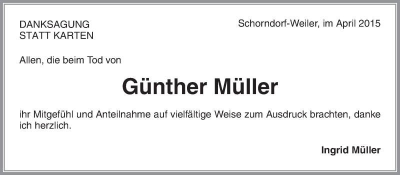  Traueranzeige für Günther Müller vom 04.04.2015 aus Waiblinger Kreiszeitung