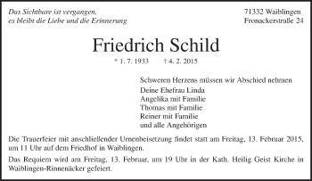 Traueranzeige von Friedrich Schild von Waiblinger Kreiszeitung