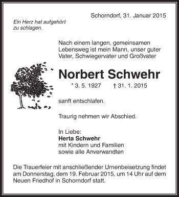 Traueranzeige von Norbert Schwehr von Waiblinger Kreiszeitung