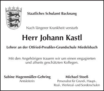 Traueranzeige von Johann Kastl von Waiblinger Kreiszeitung
