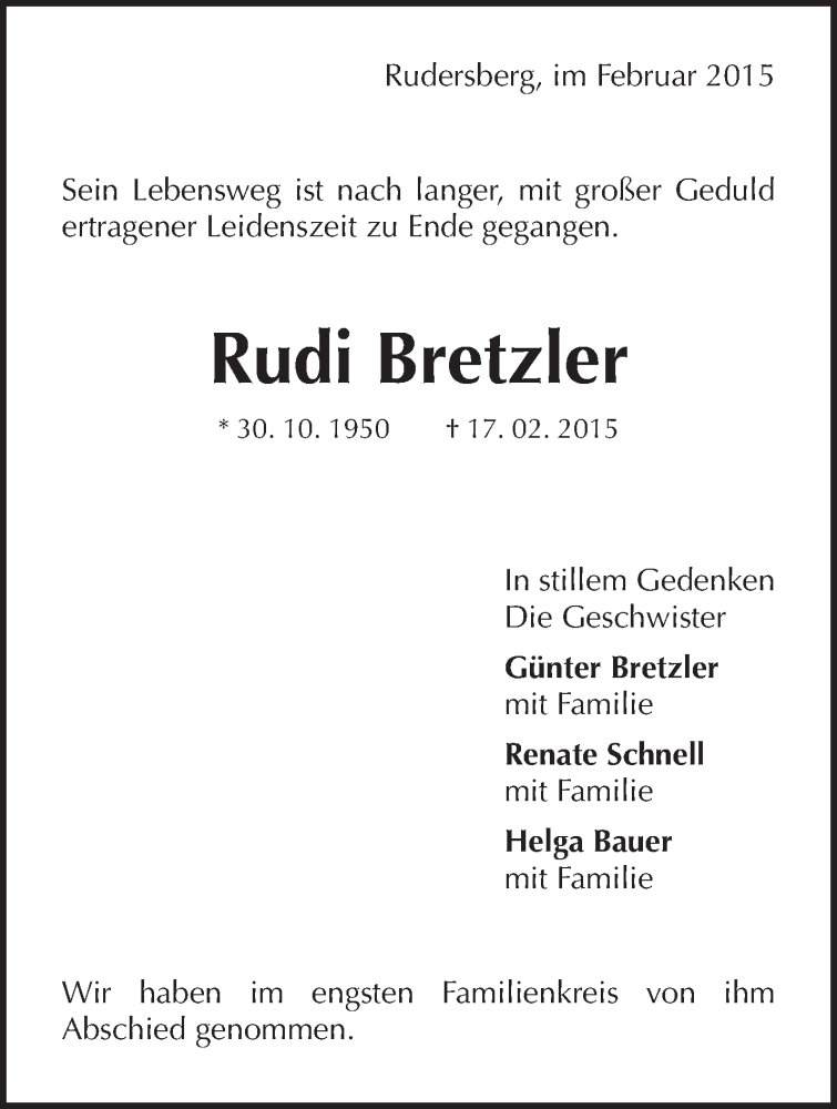  Traueranzeige für Rudi Bretzler vom 27.02.2015 aus Waiblinger Kreiszeitung