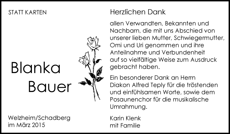  Traueranzeige für Blanka Bauer vom 18.03.2015 aus Waiblinger Kreiszeitung