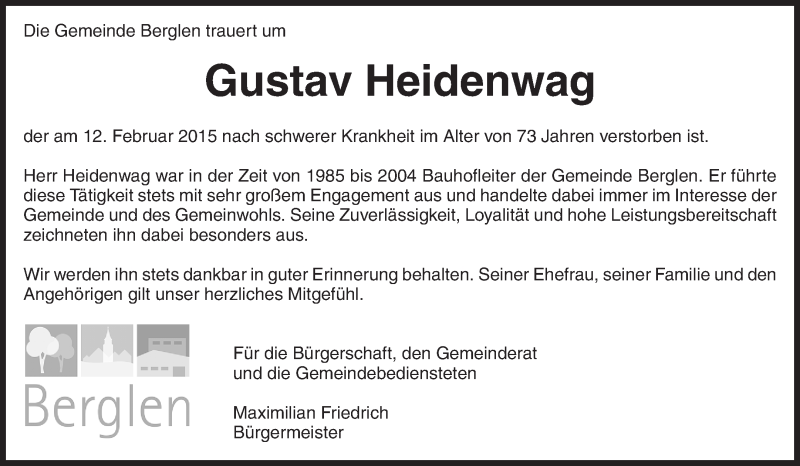  Traueranzeige für Gustav Heidenwag vom 14.02.2015 aus Waiblinger Kreiszeitung