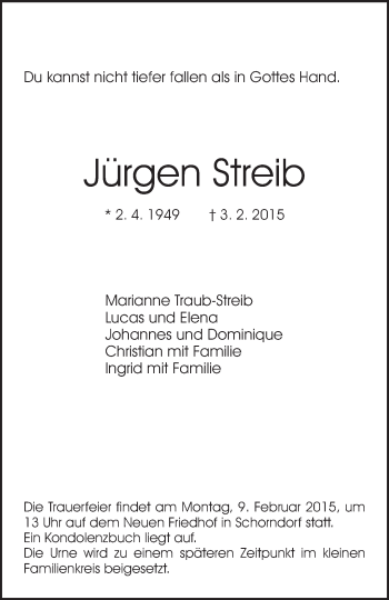 Traueranzeige von Jürgen Streib von Waiblinger Kreiszeitung
