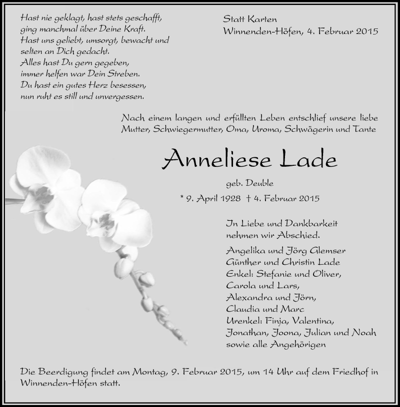  Traueranzeige für Anneliese Lade vom 07.02.2015 aus Waiblinger Kreiszeitung