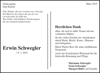 Traueranzeige von Erwin Schwegler von Waiblinger Kreiszeitung