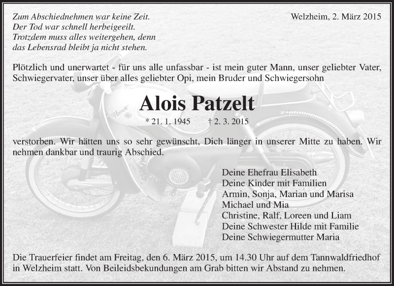  Traueranzeige für Alois Patzelt vom 05.03.2015 aus Waiblinger Kreiszeitung