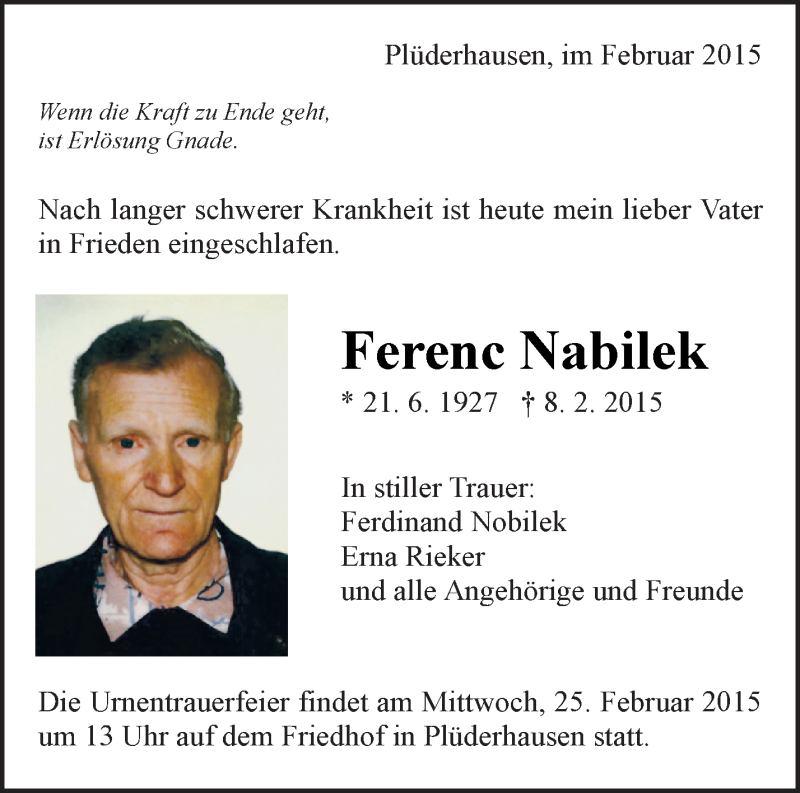  Traueranzeige für Ferenc Nabilek vom 21.02.2015 aus Waiblinger Kreiszeitung