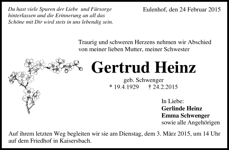  Traueranzeige für Gertrud Heinz vom 27.02.2015 aus Waiblinger Kreiszeitung