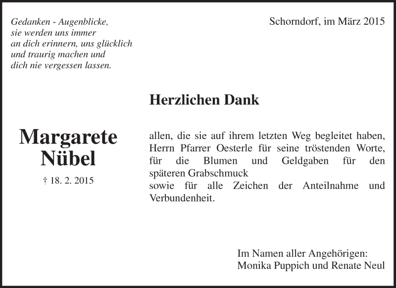  Traueranzeige für Margarete Nübel vom 14.03.2015 aus Waiblinger Kreiszeitung