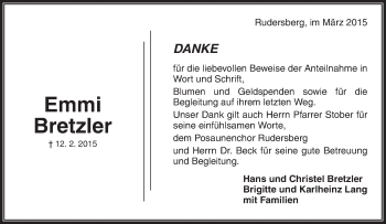 Traueranzeige von Emmi Bretzler von Waiblinger Kreiszeitung
