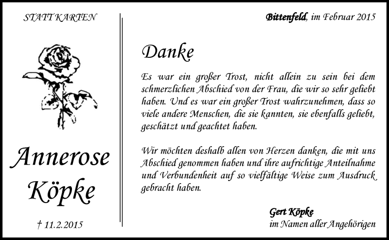  Traueranzeige für Annerose Köpke vom 26.02.2015 aus Waiblinger Kreiszeitung