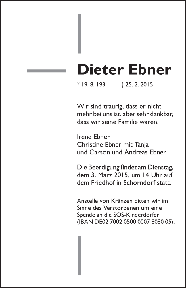  Traueranzeige für Dieter Ebner vom 27.02.2015 aus Waiblinger Kreiszeitung