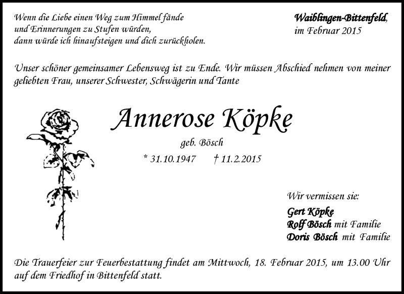  Traueranzeige für Annerose Köpke vom 14.02.2015 aus Waiblinger Kreiszeitung