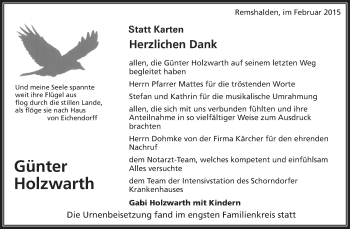 Traueranzeige von Günter Holzwarth von Waiblinger Kreiszeitung