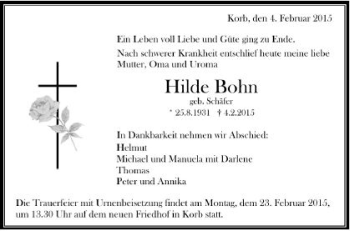 Traueranzeige von Hilde Bohn von Waiblinger Kreiszeitung