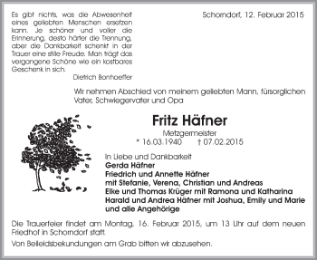 Traueranzeige von Fritz Häfner von Waiblinger Kreiszeitung