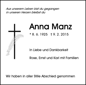 Traueranzeige von Anna Manz von Waiblinger Kreiszeitung