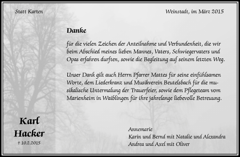  Traueranzeige für Karl Hacker vom 07.03.2015 aus Waiblinger Kreiszeitung