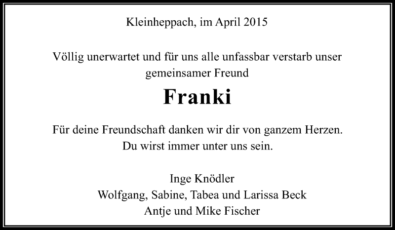  Traueranzeige für Frank Utz vom 23.04.2015 aus Waiblinger Kreiszeitung