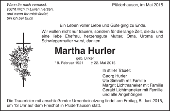 Traueranzeige von Martha Hurler von Waiblinger Kreiszeitung