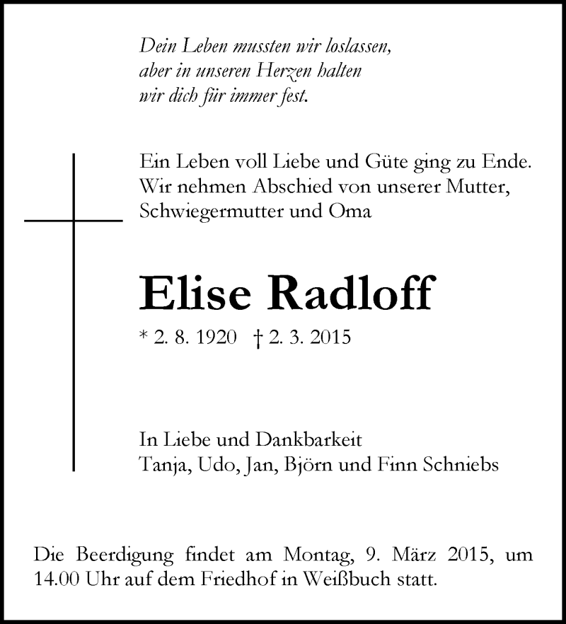  Traueranzeige für Elise Radloff vom 05.03.2015 aus Waiblinger Kreiszeitung