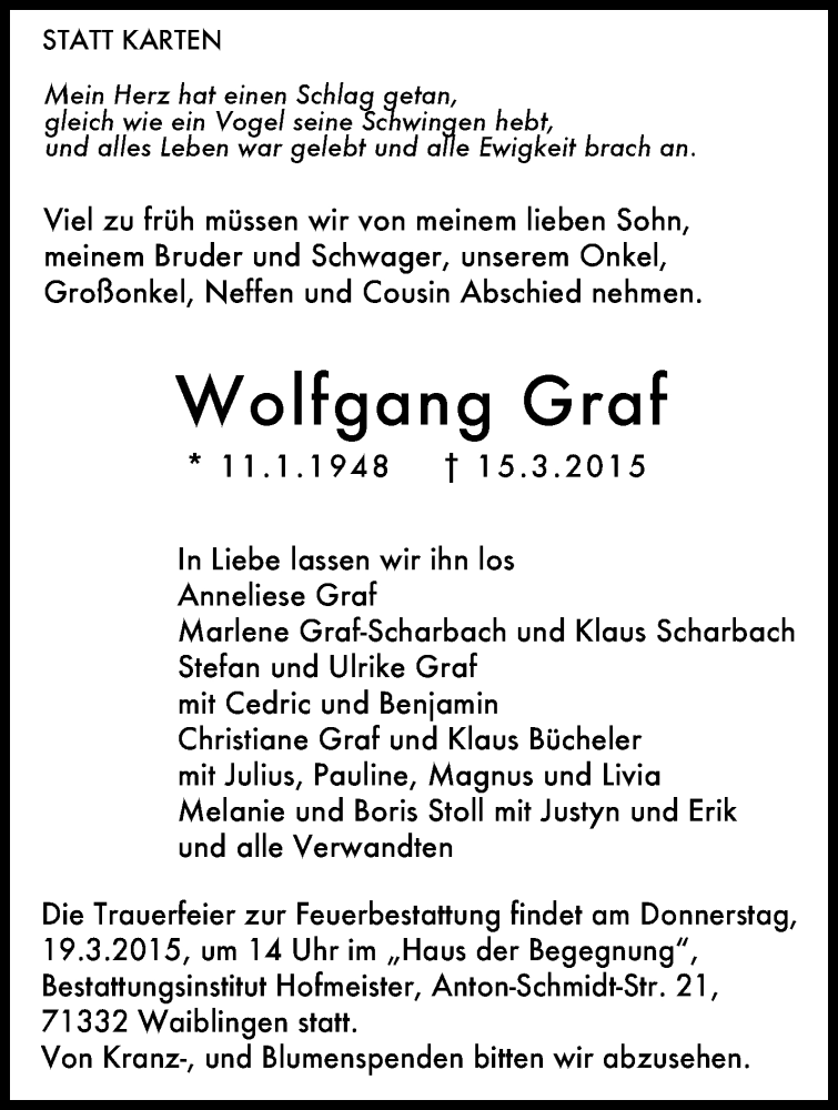  Traueranzeige für Wolfgang Graf vom 18.03.2015 aus Waiblinger Kreiszeitung