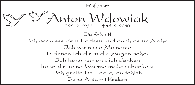  Traueranzeige für Anton Wdowiak vom 16.02.2015 aus Waiblinger Kreiszeitung