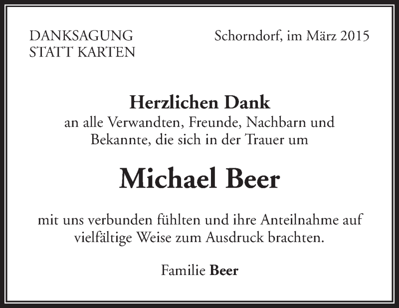  Traueranzeige für Michael Beer vom 05.03.2015 aus Waiblinger Kreiszeitung