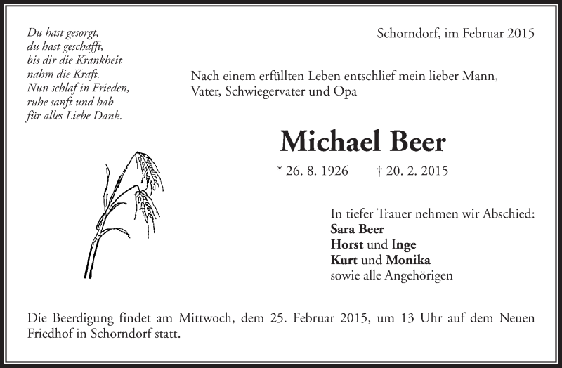  Traueranzeige für Michael Beer vom 24.02.2015 aus Waiblinger Kreiszeitung