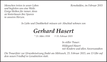 Traueranzeige von Gerhard Hasert von Waiblinger Kreiszeitung